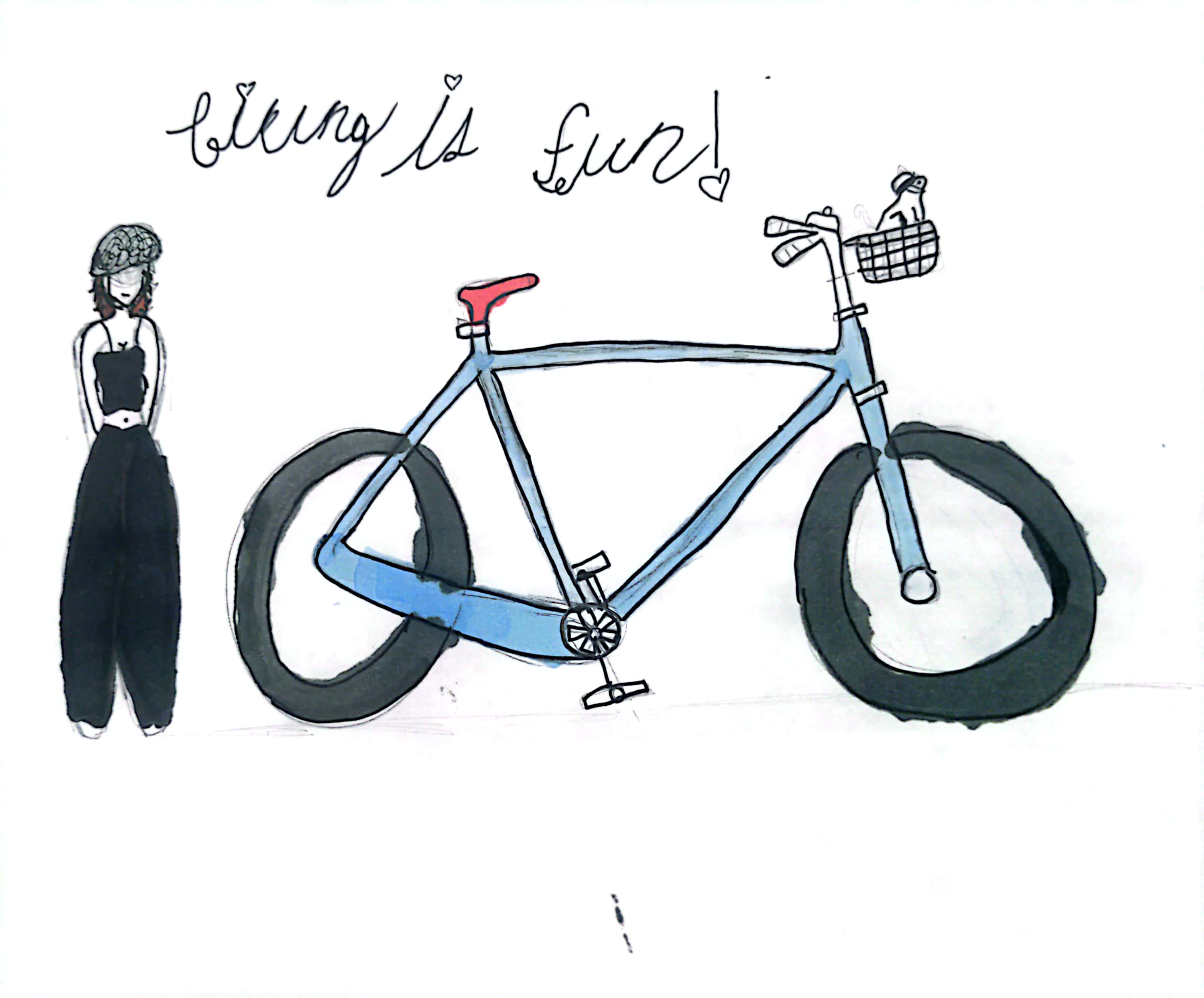 Student artwork featuring a blue bike with a puppy wearing helmet in the bike basket. A girl wearing helmet black tank top and baggy pants is standing next to the bike. Title 